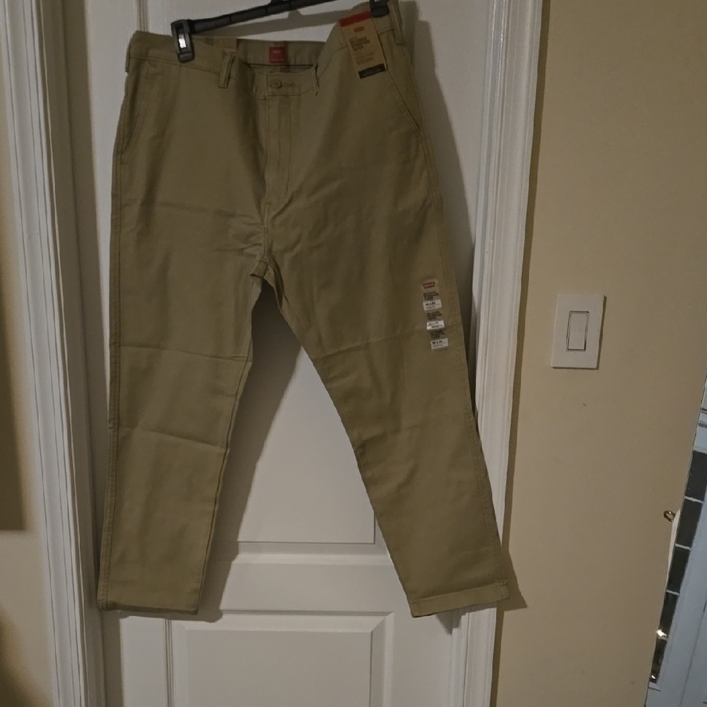 Tan Chino Pants with Cropped Length and Belt Loops